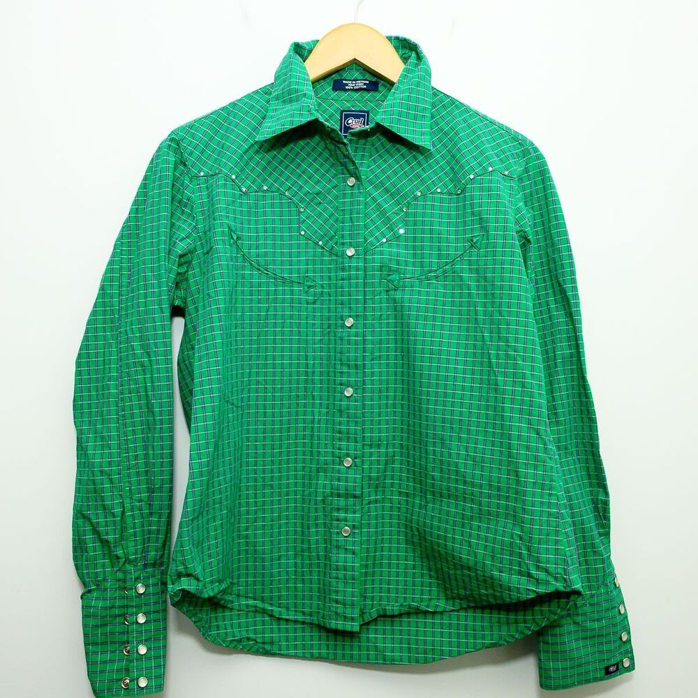 Cruel Girl Button down shirt Green Check plaid S Cotton Western Rodeo Pearl Snap